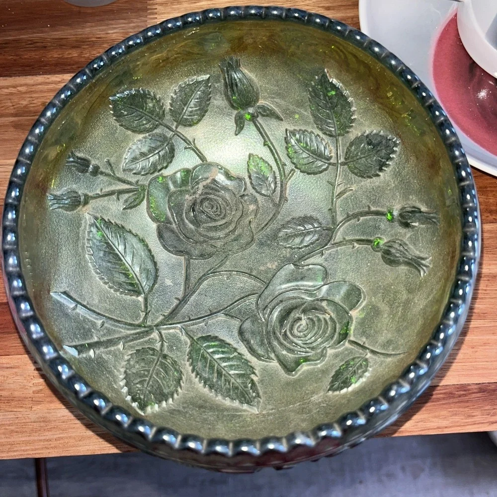 Antique Green Depression Glass Bowl Flowers Iridescent Green Glass Bowl